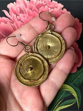 Vintage Brutalist style brass disc dangle earrings